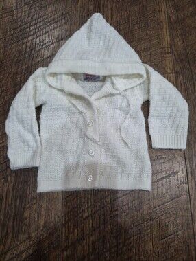 Vintage 1960 Blue Bird White Hooded Baby Sweater Cardigan Unisex Ribbon Tie